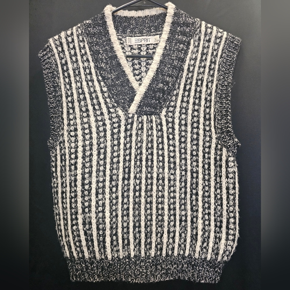 Esprit, Black, White, unisex, Sweater, Vest, casual, wool, streetwear, classic,